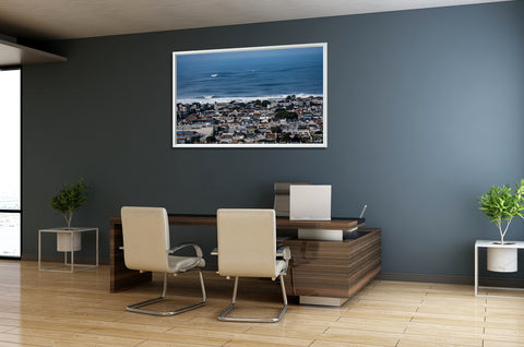 Premium ocean wall fine art showing the dramatic contrast between San Francisco city life and the deep blue Pacific Ocean waves, museum-quality print with Certificate of Authenticity.