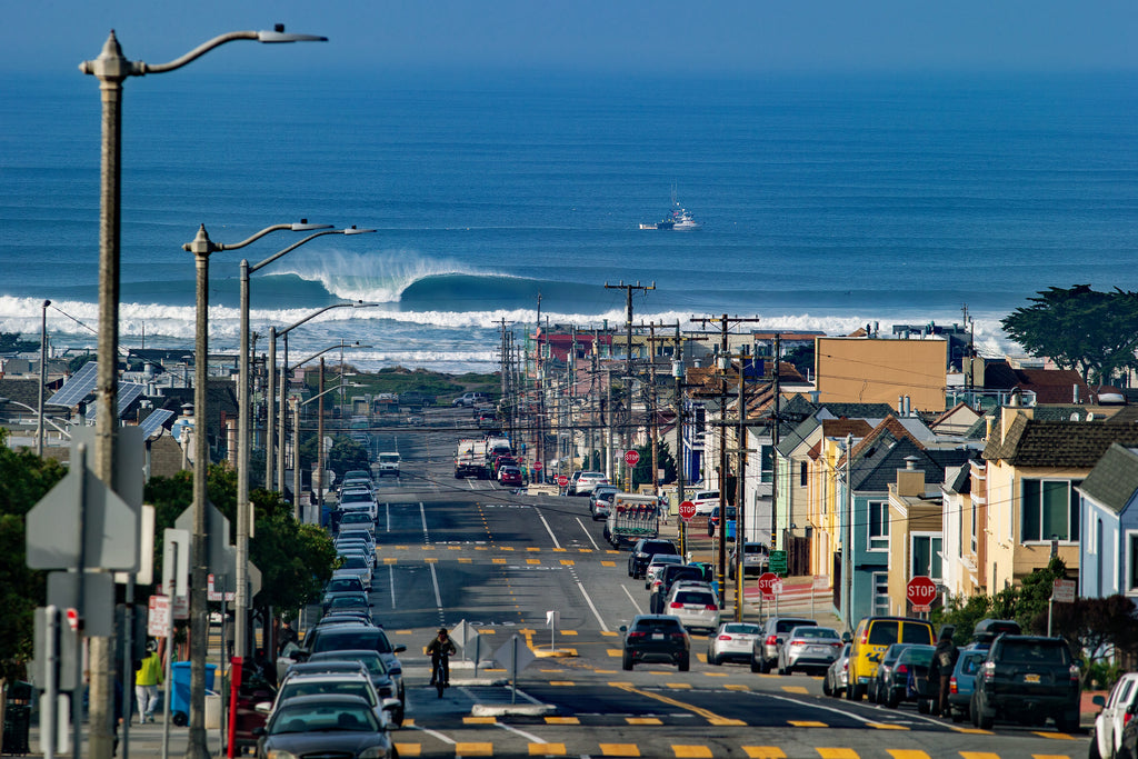 Luxury San Francisco wall fine art of the iconic Noriega St & 48th Ave intersection where the city grid meets the Pacific Ocean, captured by 10x Big Wave Award winner Fred Pompermayer.