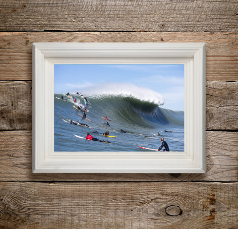 Wall fine art capturing the vertical face of a 60-foot wave at Mavericks, the legendary spot surfed solo by Jeff Clark for 15 years.
